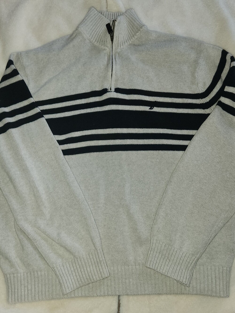 S63 Nautica Men's Quarter Zip White Cotton Sweater - black stripes
